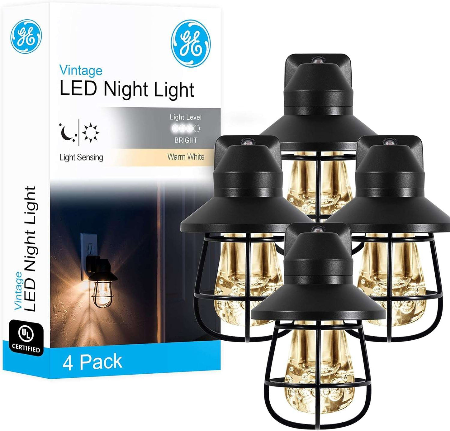 GE Vintage LED Night Light, Plug-In, Dusk to Dawn Sensor, Farmhouse Decor, Mood Lighting, Home Decor, Ambient Lighting, LED Lights for Bedroom, Bathroom, Kitchen, Hallway, 44737, Black, 2 Pack Cage - Black 4 Pack