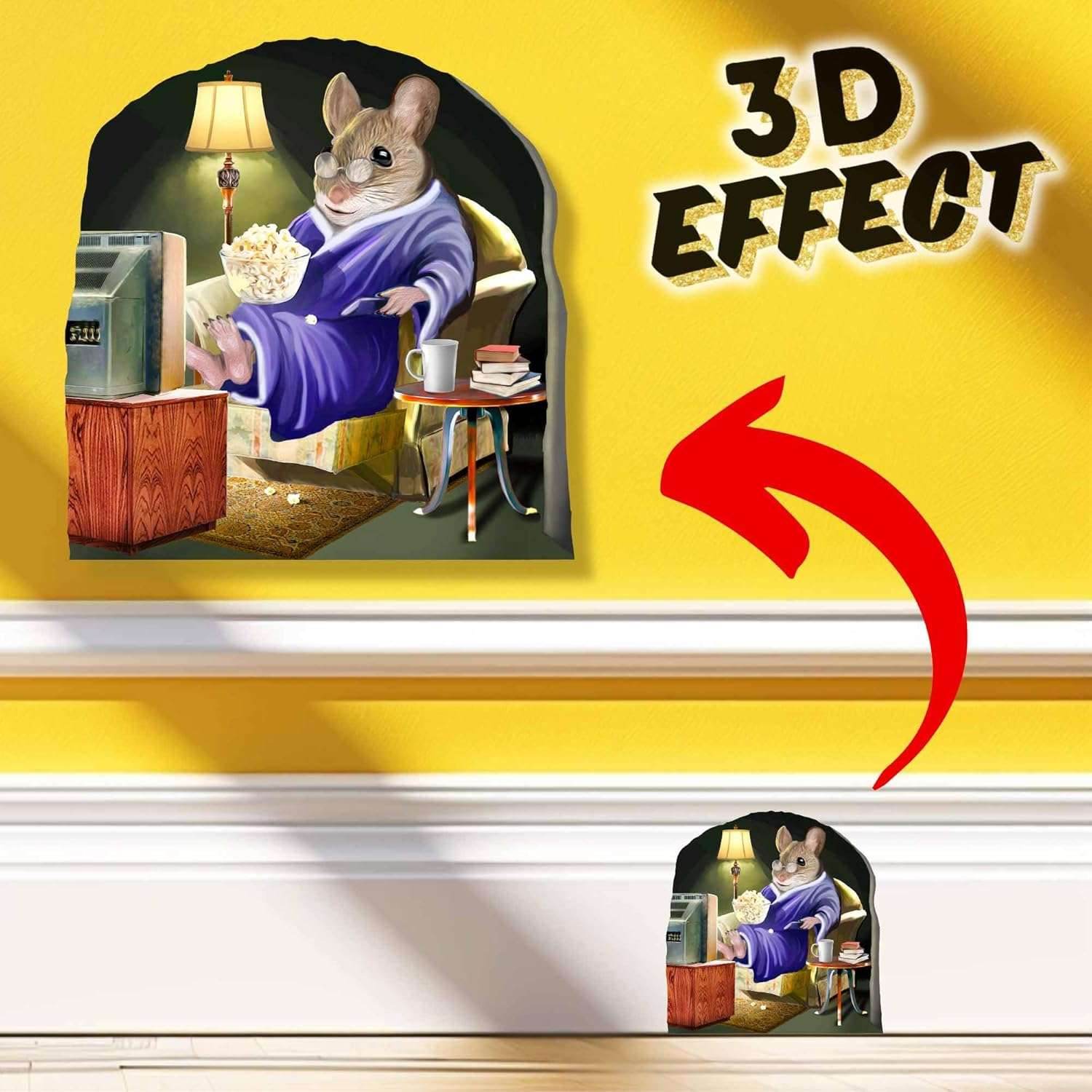 3D Wall Decor Mouse Watching TV in Mouse Hole - Removable Wall Sticker Mural - Kids Room Decor, Fun Home Decor, Unique Gift Idea - Mouse Potato