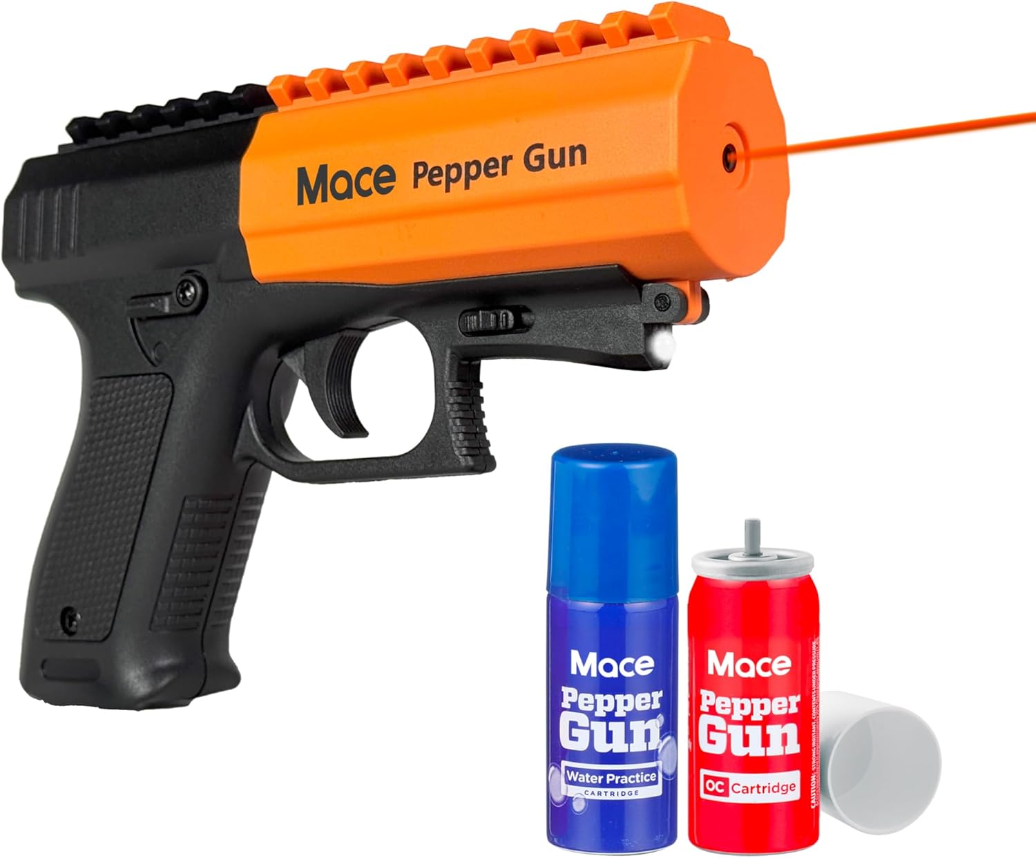 Mace Brand Pepper Gun 2.0 with Pepper Spray & Water Training Cartridge Set, 20 Feet Range, Max Strength 10% OC Formula, Long Lasting UV Dye, LED Strobe, Self Defense Pepper Spray Gun for Women & Men Pepper Gun 2.0
