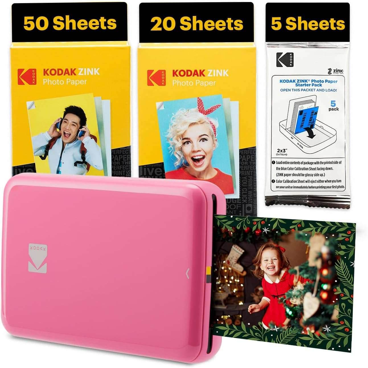 KODAK Step Instant Smartphone Photo Printer - Portable Mini Color Wireless Mobile Printer - Zink 2X3” Sticky-Back Photos - Bluetooth Compatible with Ios & Android Devices - Fun Editing App - White Pink Printer + 75 Sheets