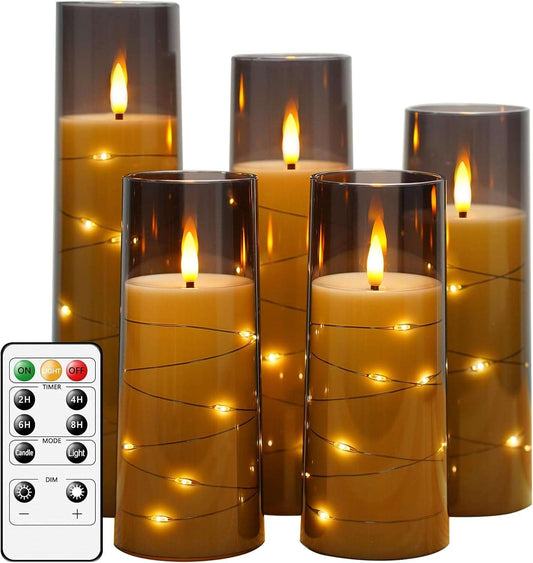 Flameless LED Candles with Timer 5 Pc Flickering Flameless Candles for Romantic Ambiance and Home Decoration Stable Acrylic Shell,With Embedded Star String，Battery Operated Candles（Grey） Gray