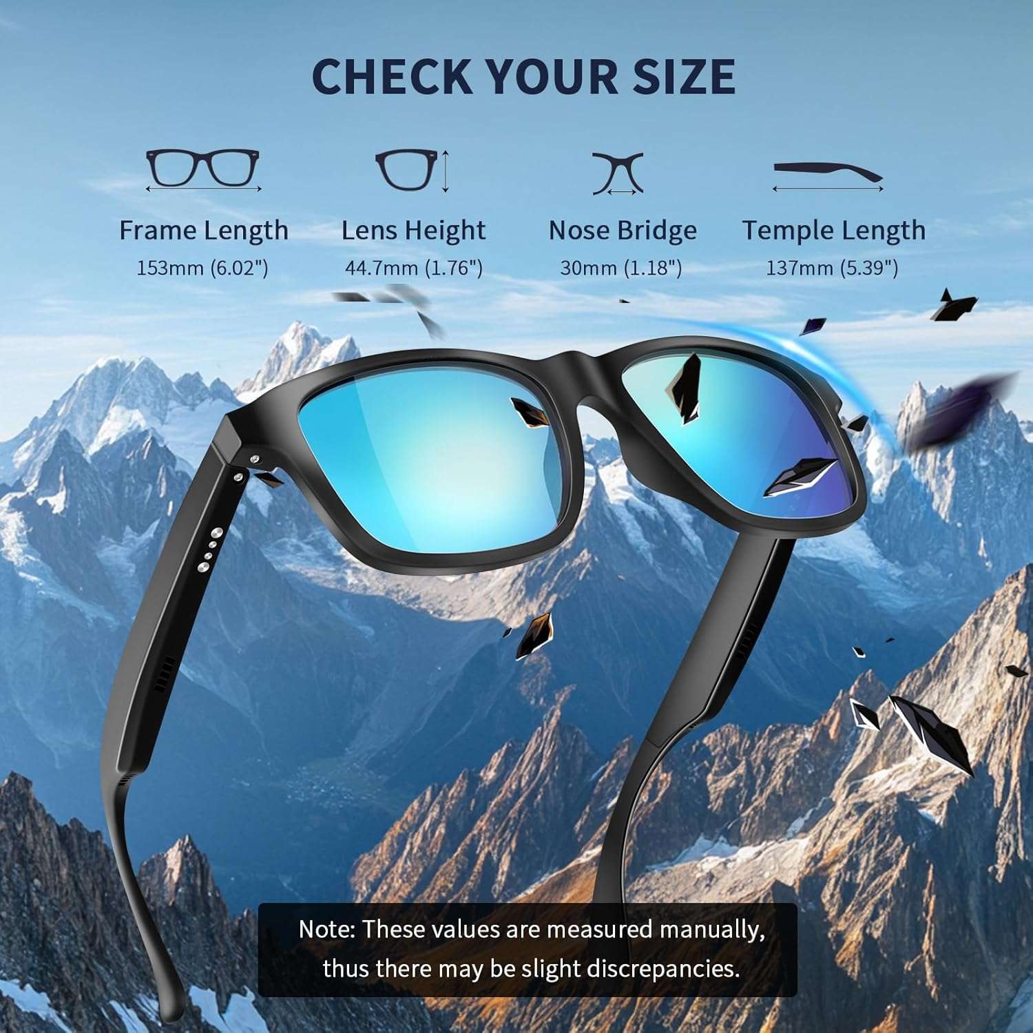 ALOUS Smart Glasses for Men & Women,Bluetooth Glasses with Open Ear Sound Mic & Speakers, Intelligent Touch,Magnetic Charging,Indoor/Outdoor UV Protection and Voice Assistant (Blue Lens)