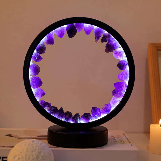 Runyansghi Amethyst Night Lamp 8.6" Natural Healing Crystal Bedside Lamp USB Port 3 Colours Dimming Mode Bedroom Lamp Suitable Night Light for Living Room Bedroom Office Home Decor Ideal Gift Amethyst Round