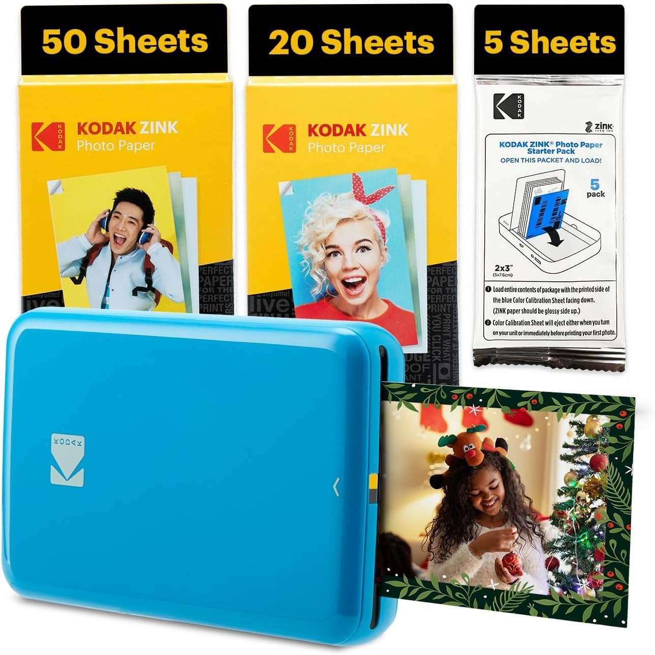 KODAK Step Instant Smartphone Photo Printer - Portable Mini Color Wireless Mobile Printer - Zink 2X3” Sticky-Back Photos - Bluetooth Compatible with Ios & Android Devices - Fun Editing App - White Blue Printer + 75 Sheets
