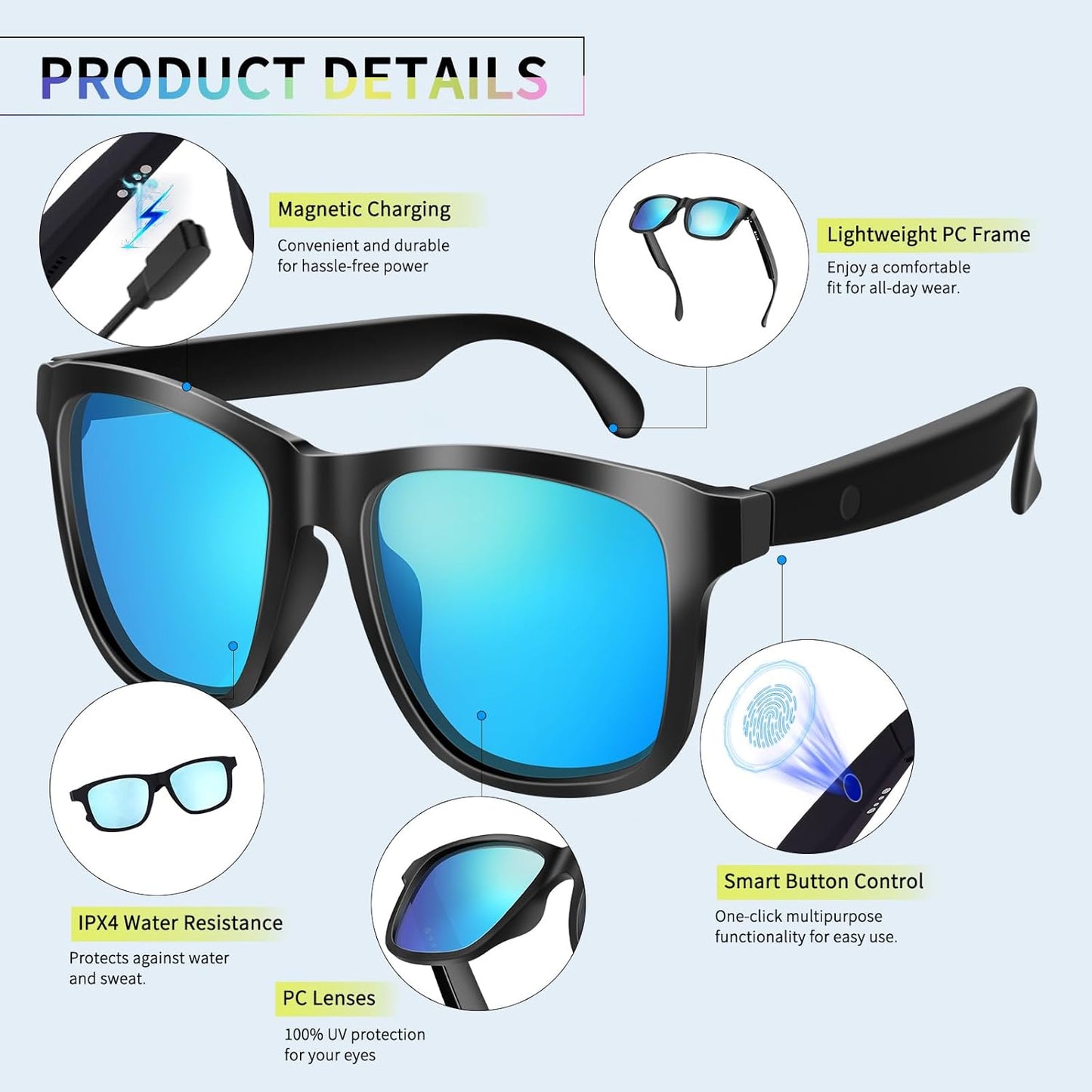 ALOUS Smart Glasses for Men & Women,Bluetooth Glasses with Open Ear Sound Mic & Speakers, Intelligent Touch,Magnetic Charging,Indoor/Outdoor UV Protection and Voice Assistant (Blue Lens)