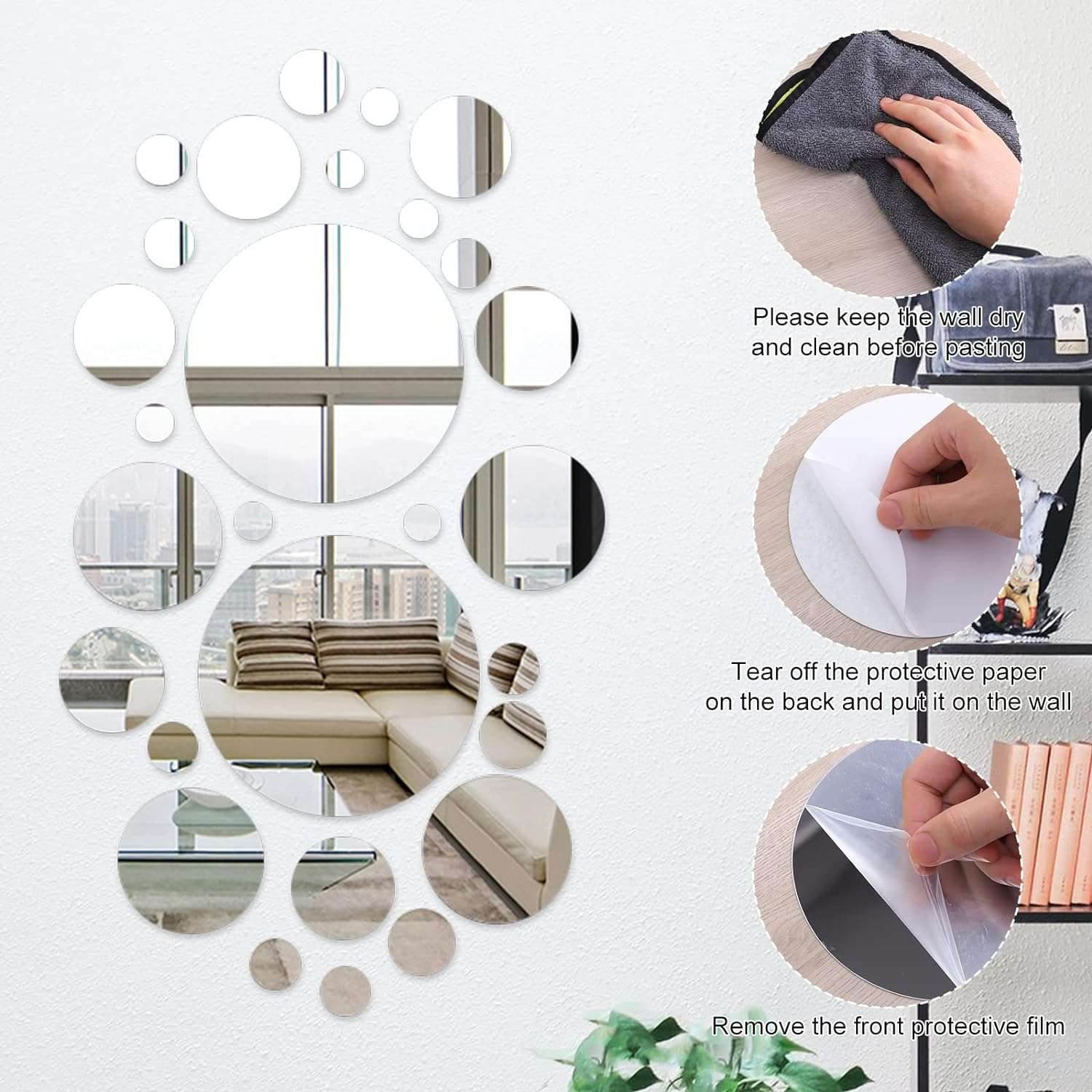 32 Pcs Acrylic Mirror Wall Stickers, Removable Wall Decal Mirror Set, Bathroom Wall Sticker Art, Circle Ceiling Mirrors for Bedroom, Home, Living Room, Sofa TV Background Decor (Small)