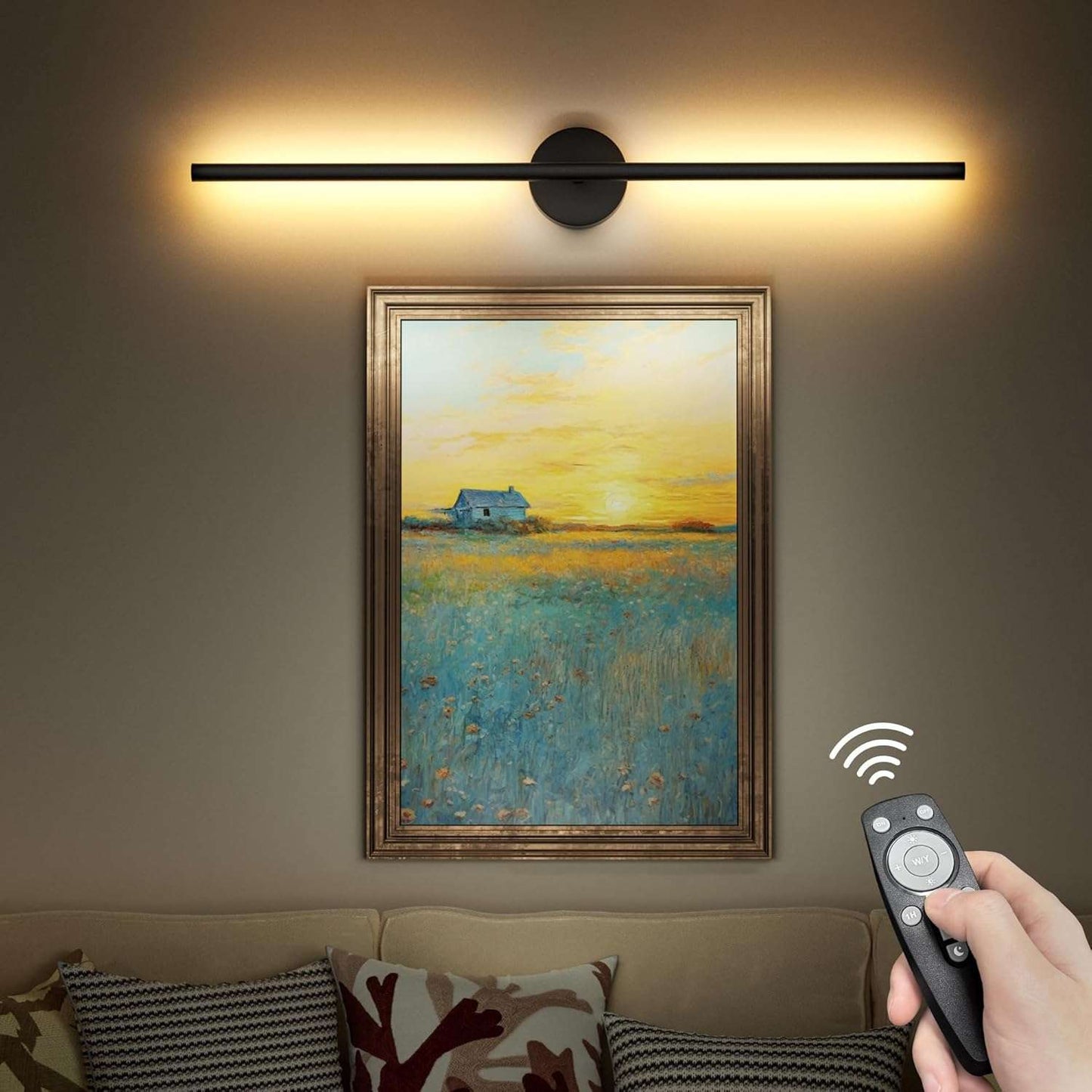 Battery Operated Sconces Set of Two: Wireless Magnet Wall Lights Rechargeable with Remote Cordless Adhesive LED Sconces Wall Lighting Indoor for Living Room Bedroom Hallway Decor Black 32 Inch-1 Pack
