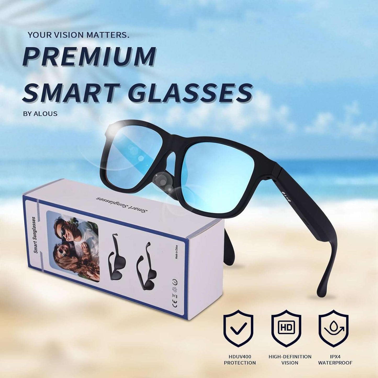 ALOUS Smart Glasses for Men & Women,Bluetooth Glasses with Open Ear Sound Mic & Speakers, Intelligent Touch,Magnetic Charging,Indoor/Outdoor UV Protection and Voice Assistant (Blue Lens)