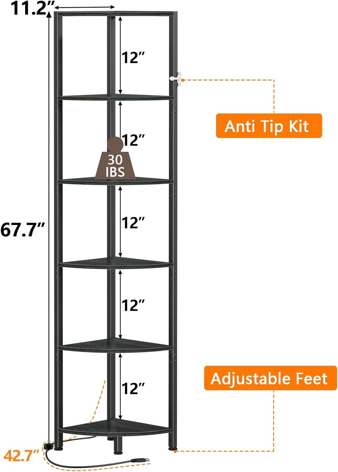 Furnulem 6 Tier Corner Shelf with LED Light, 67.5” Tall Standing Shelf Organizer