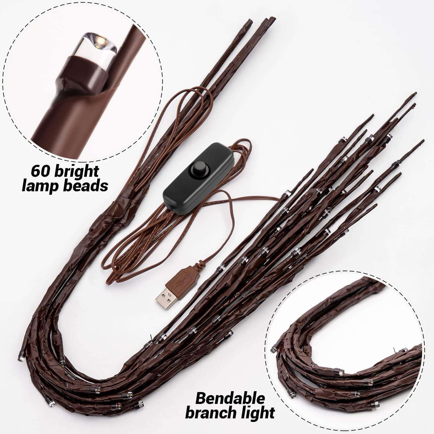 KXCOFTXI 3 Pack Twig Lights, Prelit Branches, USB Plug in Branches Lights with 60 LED Bulbs, Romantic Decorative Iights for Vase, Lighted Tree Branches for Indoor, Plug in Lighted Branches for Party