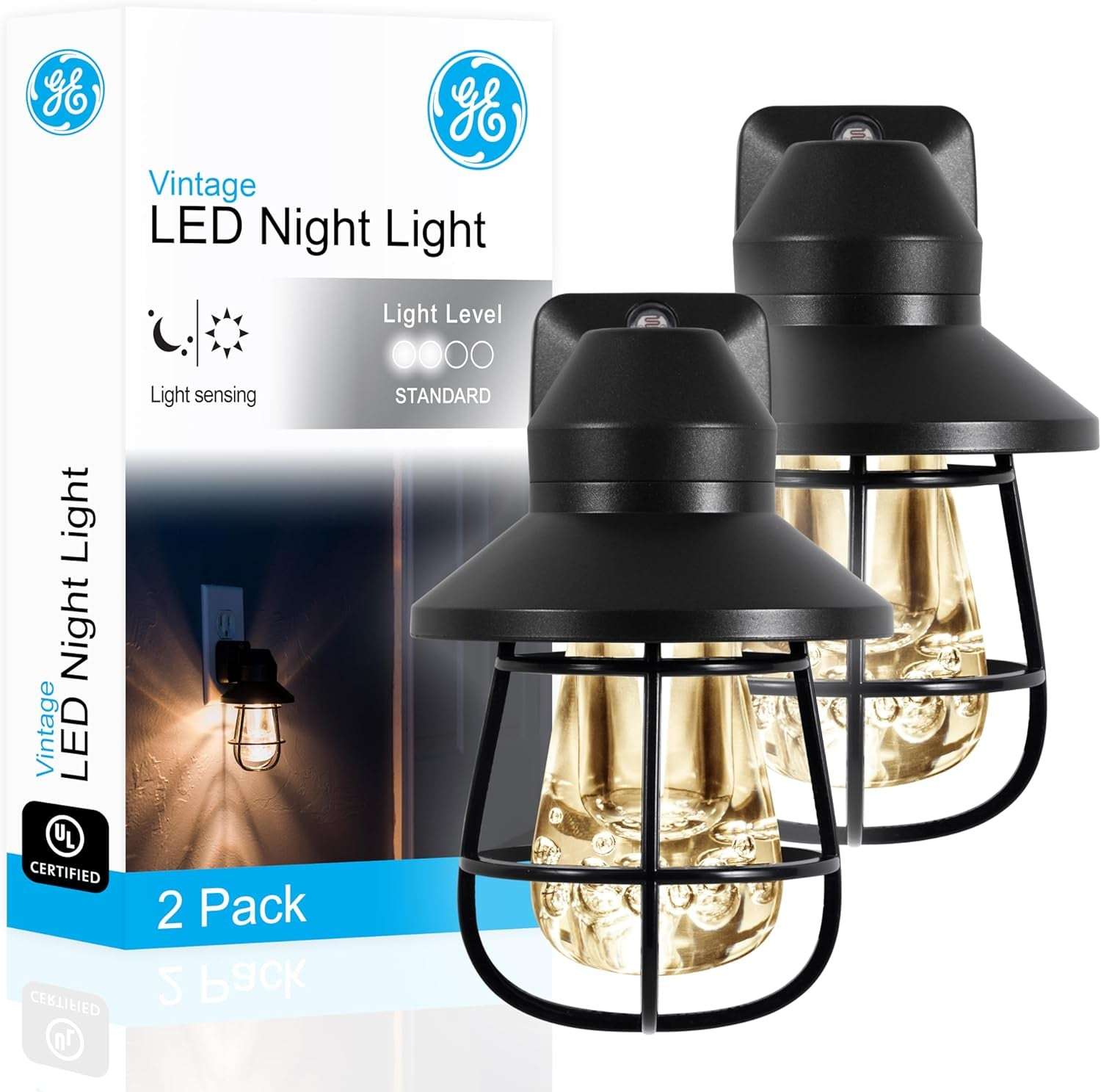 GE Vintage LED Night Light, Plug-In, Dusk to Dawn Sensor, Farmhouse Decor, Mood Lighting, Home Decor, Ambient Lighting, LED Lights for Bedroom, Bathroom, Kitchen, Hallway, 44737, Black, 2 Pack Cage - Black 2 Pack