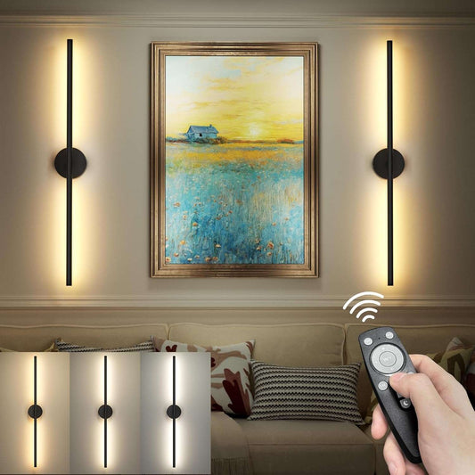 Battery Operated Sconces Set of Two: Wireless Magnet Wall Lights Rechargeable with Remote Cordless Adhesive LED Sconces Wall Lighting Indoor for Living Room Bedroom Hallway Decor Black 32 Inch-2 Pack