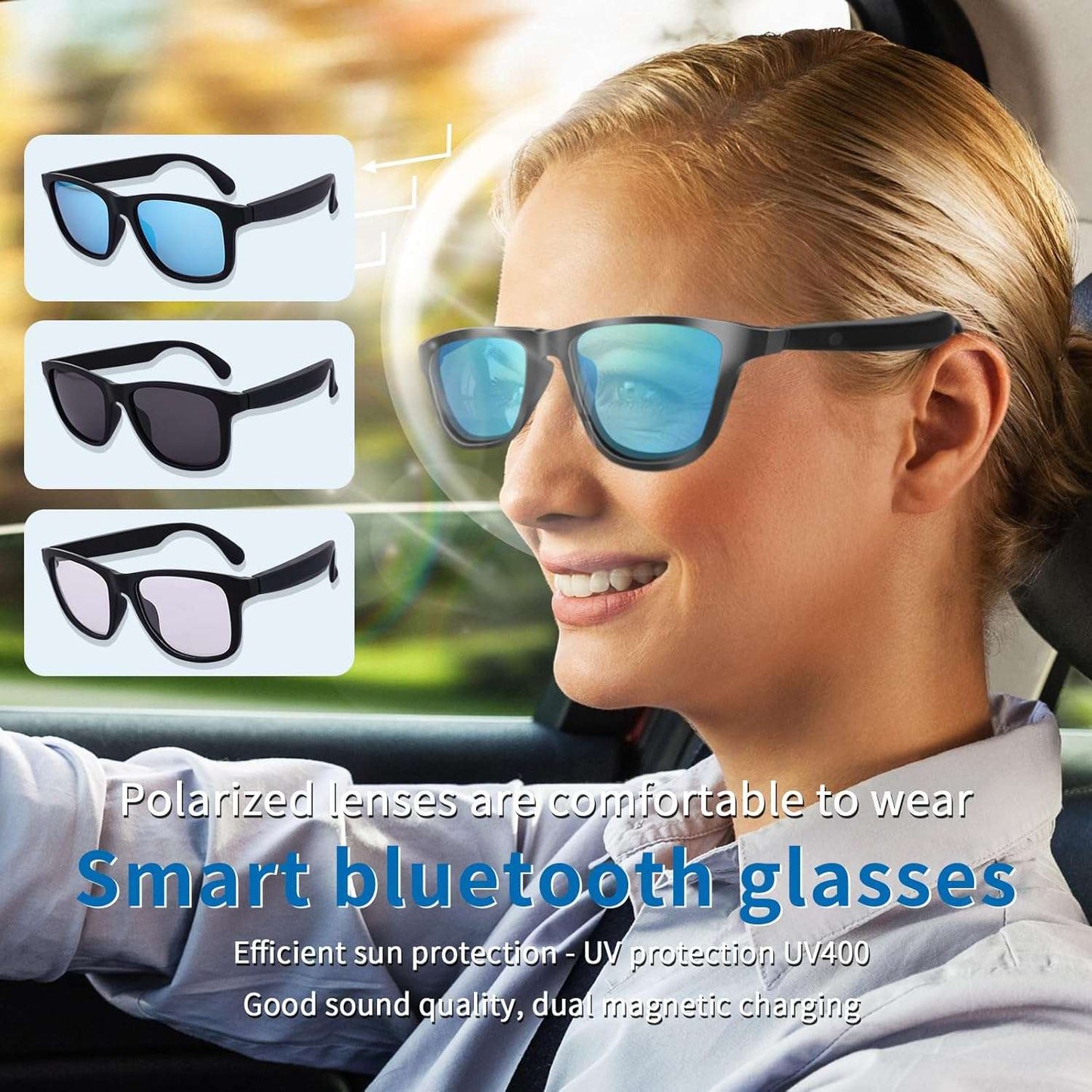 ALOUS Smart Glasses for Men & Women,Bluetooth Glasses with Open Ear Sound Mic & Speakers, Intelligent Touch,Magnetic Charging,Indoor/Outdoor UV Protection and Voice Assistant (Blue Lens)