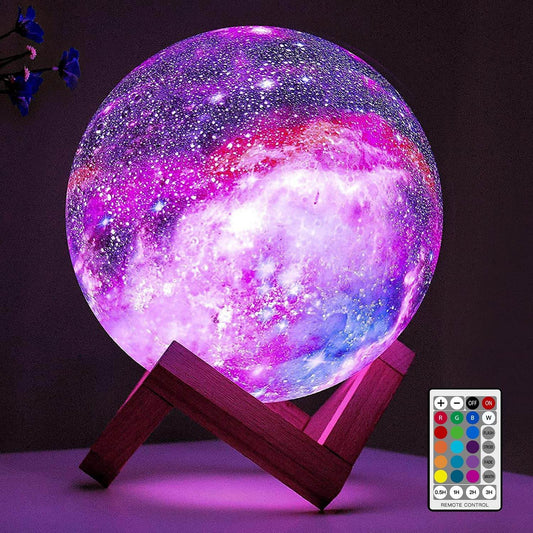 BRIGHTWORLD Moon Lamp Galaxy Lamp 5.9 Inch 16 Colors LED 3D Moon Light. Wooden Base