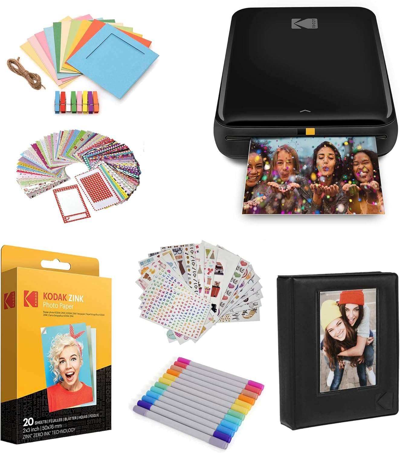 KODAK Step Instant Smartphone Photo Printer - Portable Mini Color Wireless Mobile Printer - Zink 2X3” Sticky-Back Photos - Bluetooth Compatible with Ios & Android Devices - Fun Editing App - White Black Starter Bundle