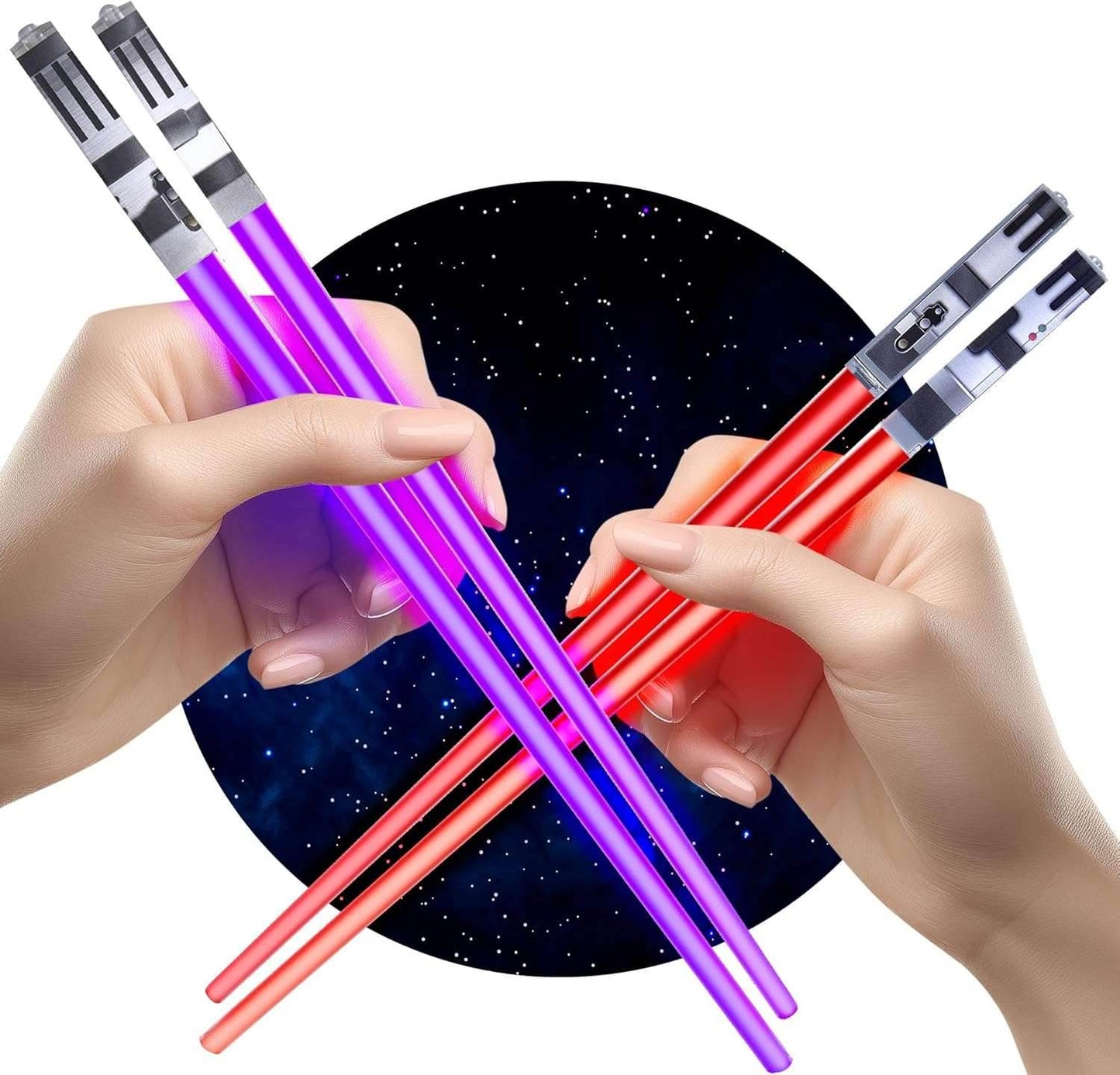 Lightsaber Chopsticks Light up - LED Glowing Light Saber Star Wars Chop Sticks - Reusable Sushi Lightup Sabers Chopstick Set of 1 Blue Pair Purple Red 2-Pairs