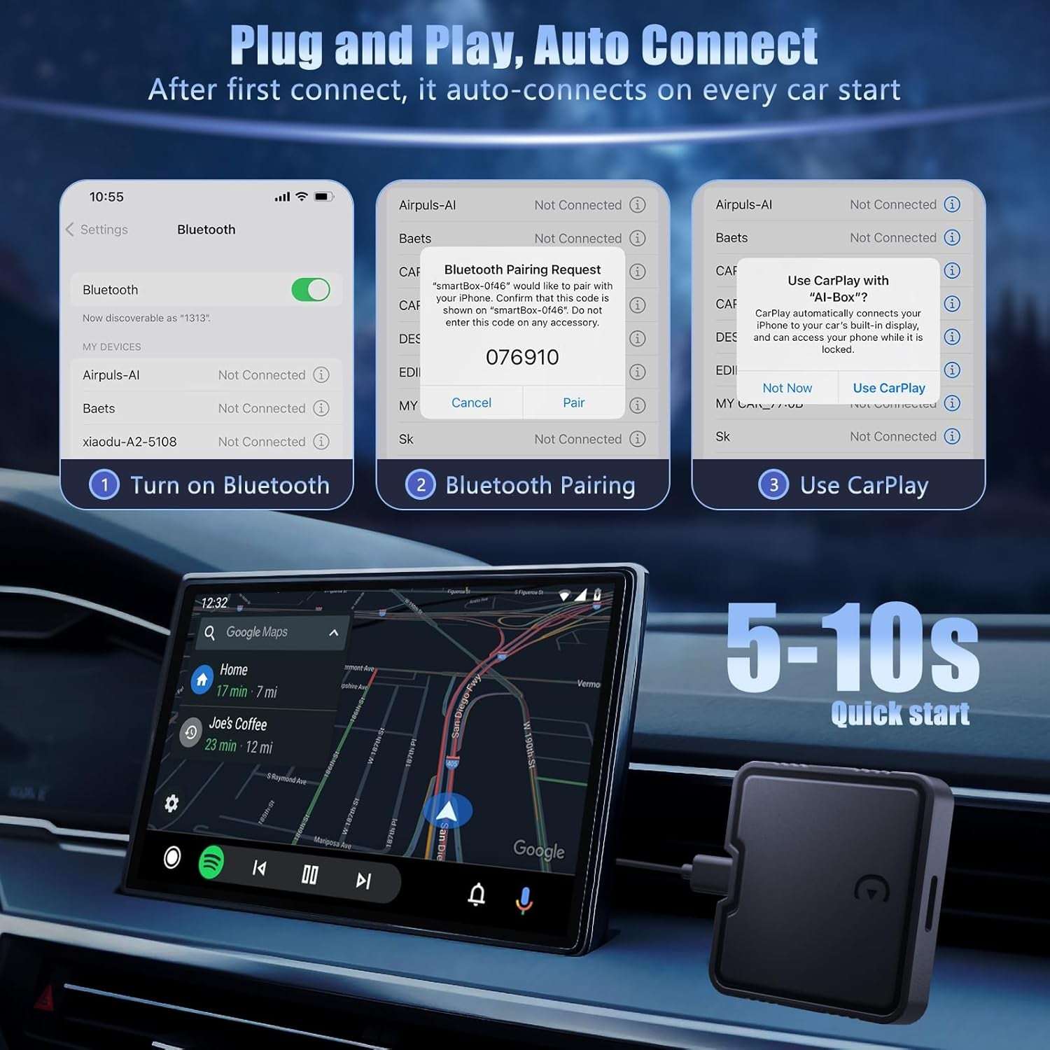 Wireless Carplay Adapter, 2025 Upgrade Support Netflix/Youtube/Tf Card Plug & Play Dongle with Apple Car Play Wireless Adapter Android Auto Wireless Adapter for Cars from 2015&Iphone Ios10+
