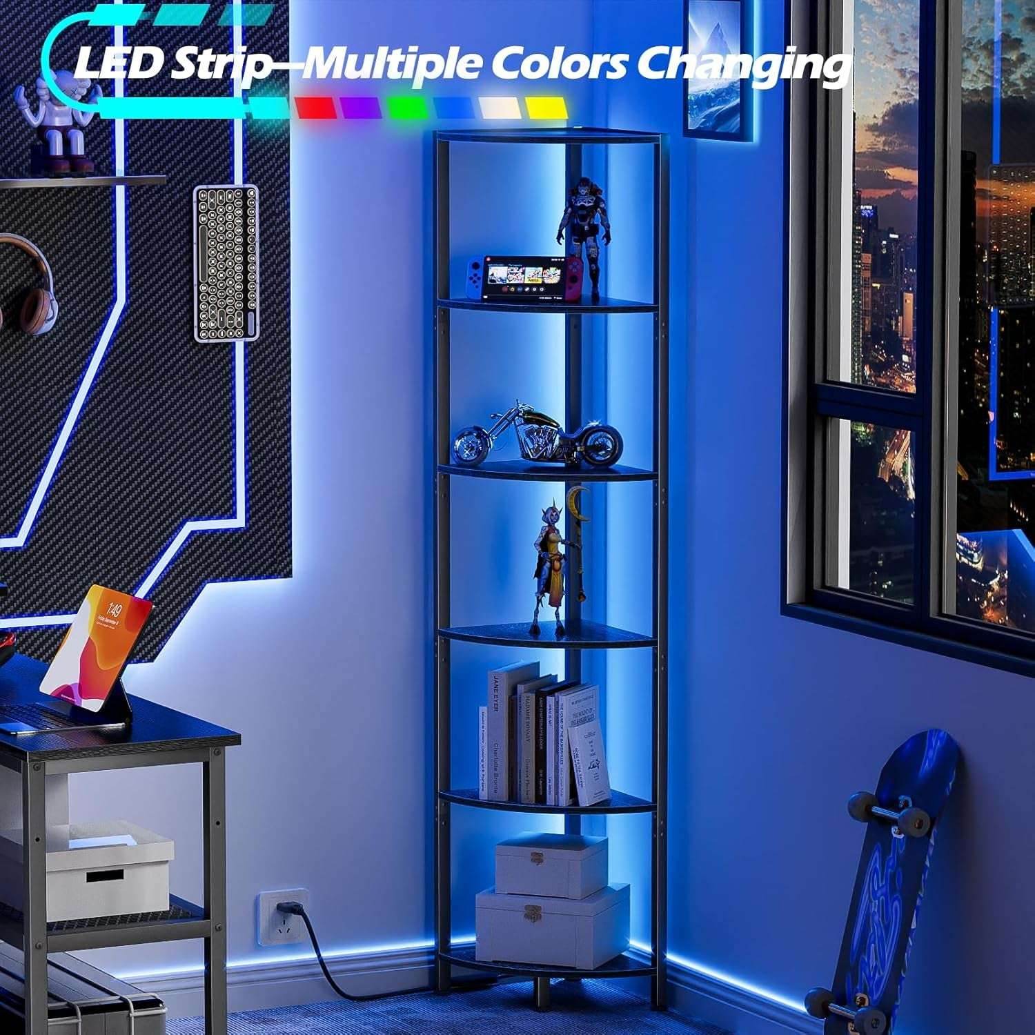 Furnulem 6 Tier Corner Shelf with LED Light, 67.5” Tall Standing Shelf Organizer