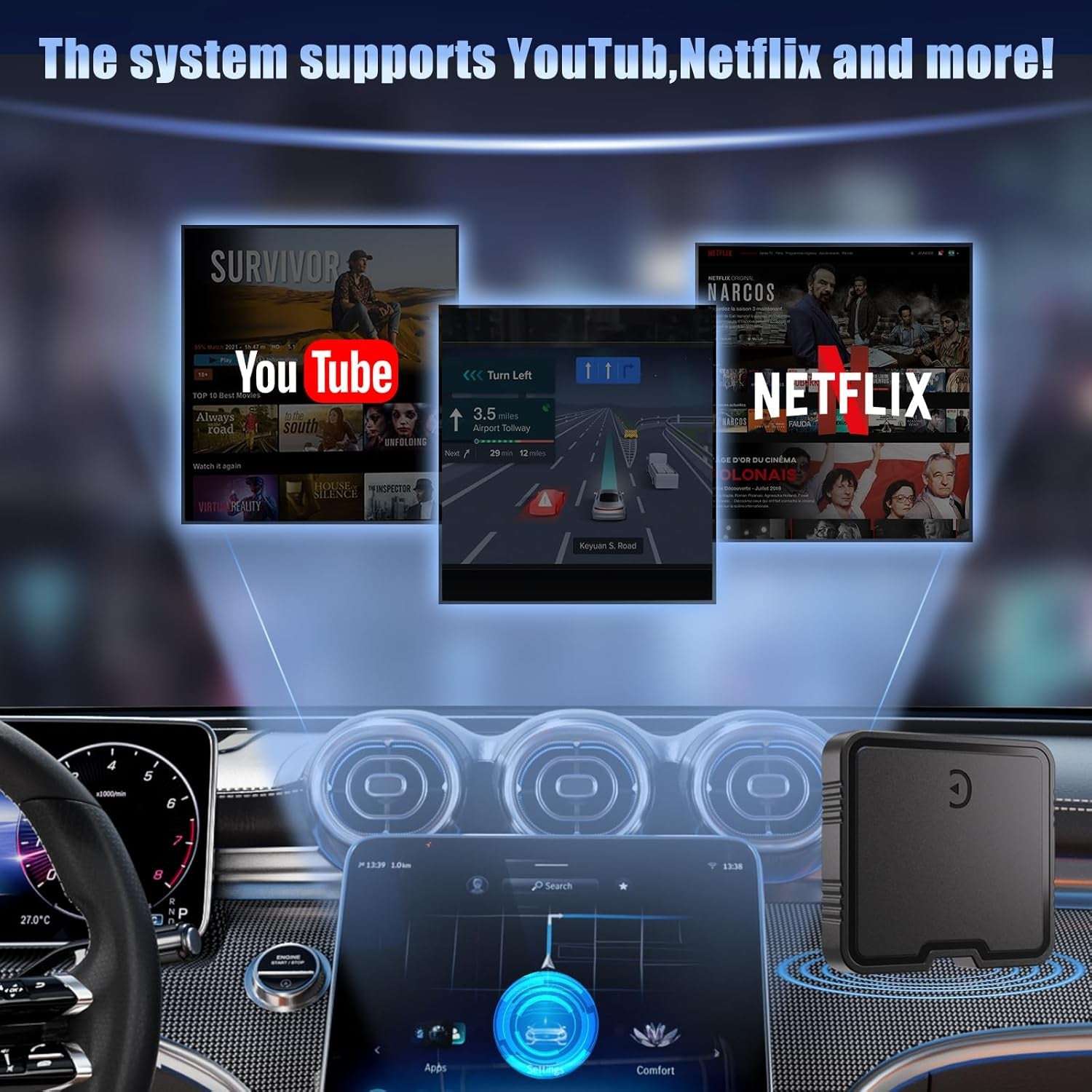 Wireless Carplay Adapter, 2025 Upgrade Support Netflix/Youtube/Tf Card Plug & Play Dongle with Apple Car Play Wireless Adapter Android Auto Wireless Adapter for Cars from 2015&Iphone Ios10+