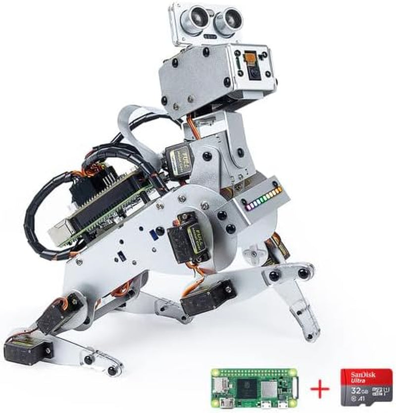 Sunfounder Pidog AI Robot Dog Kit for Raspberry Pi 4/3B+/3B/Zero 2W, Chatgpt-4O Enabled with Voice Command & Video Recognition, App Control, FPV, 12 Servos, Gyroscope, Camera, Mic (RPI NOT Included) Pidog + Zero 2 W + 32G Tf Card