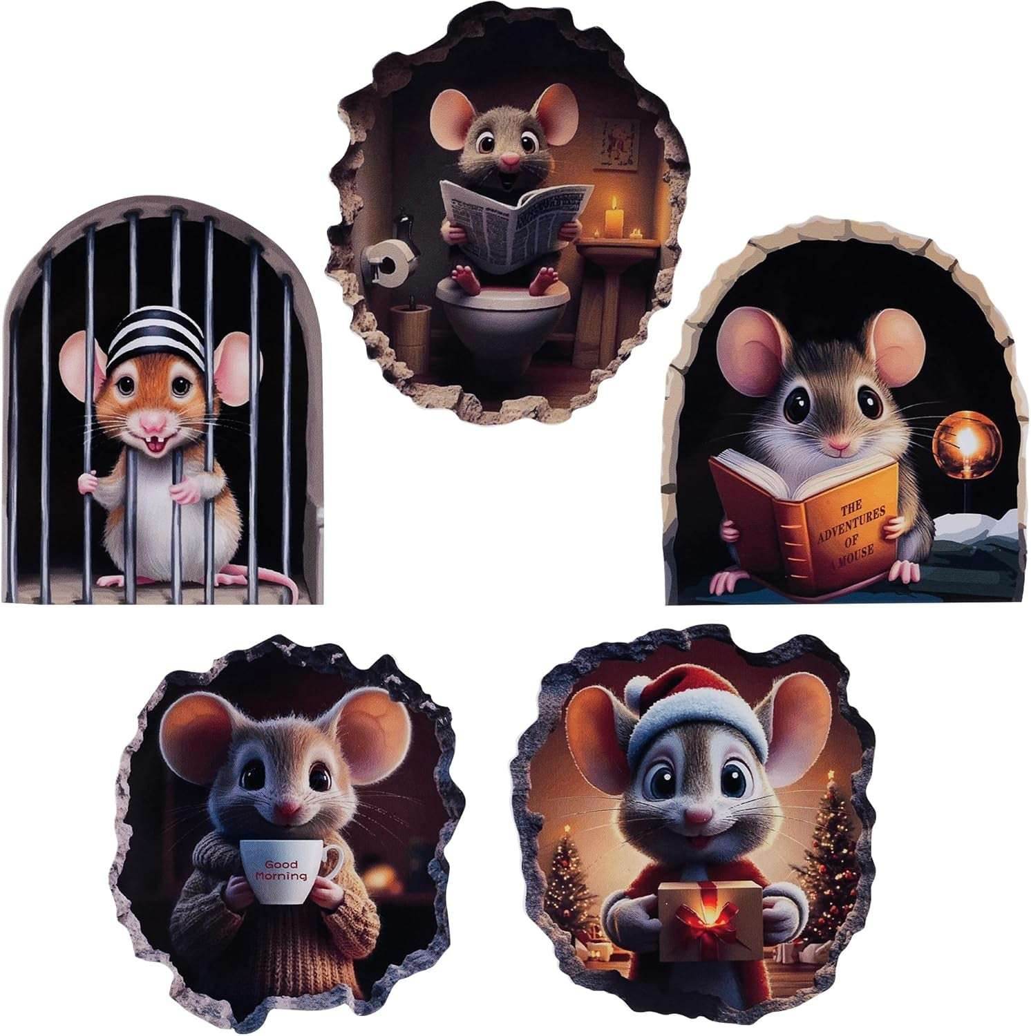 5PCS 3D Mouse Hole Wall Stickers Murals Art Peel and Stick Decals Whimsical Wallpaper Drywall Hole Covering Repair Patch Cute Wall Decor for Kids Room Playroom Kitchen Library Classroom Nursery Default Title