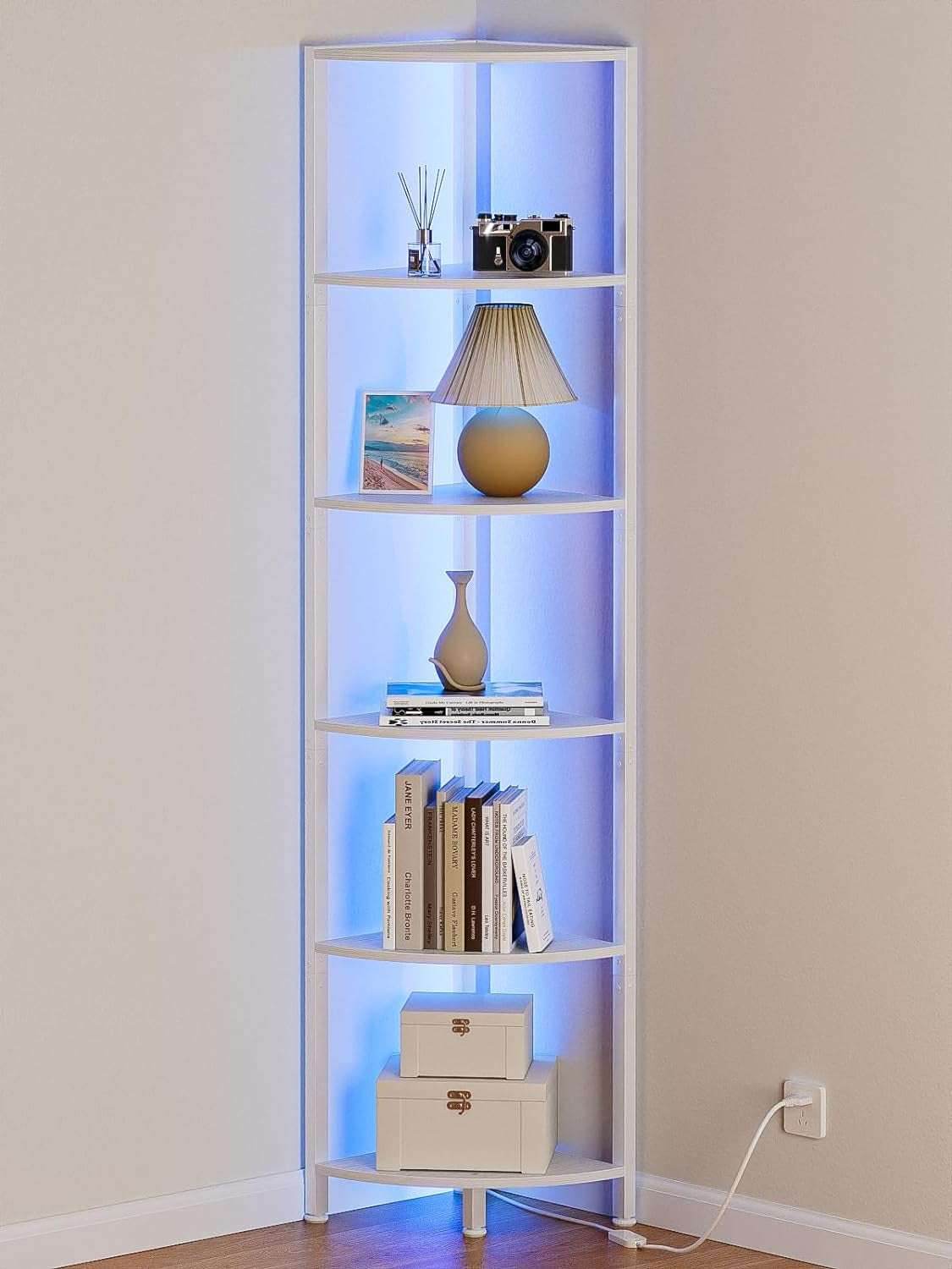 Furnulem 6 Tier Corner Shelf with LED Light, 67.5” Tall Standing Shelf Organizer White 6 Tier