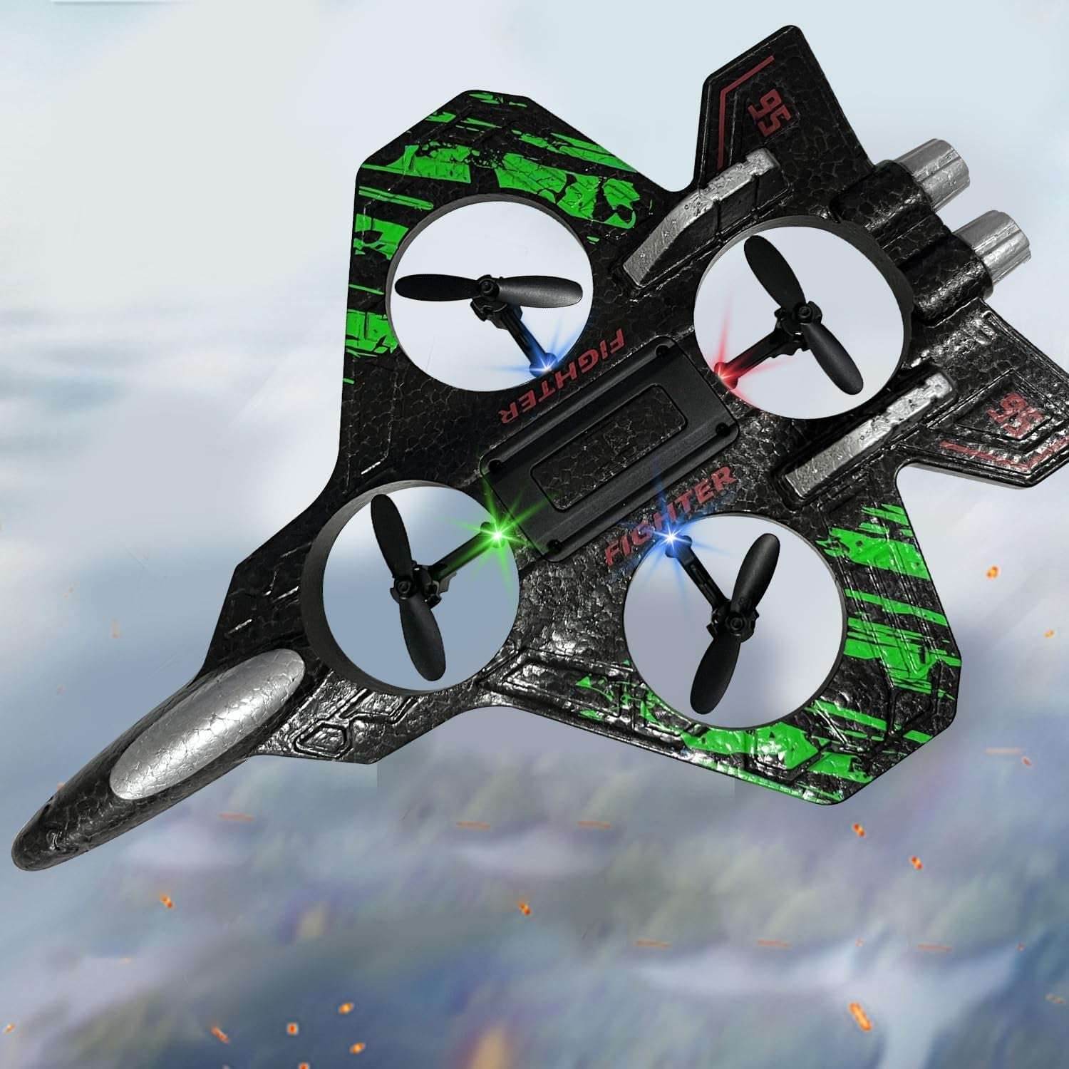 RC Airplane for Kids and Beginners, 2.4Ghz Form Drone Remote Control Airplane Outdoor Flying Toy, 360° Drop-Resistant Stunt Spin Remote Fighter Jet with Lights (Green)