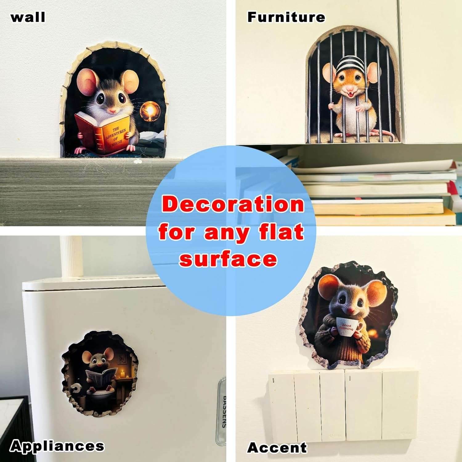5PCS 3D Mouse Hole Wall Stickers Murals Art Peel and Stick Decals Whimsical Wallpaper Drywall Hole Covering Repair Patch Cute Wall Decor for Kids Room Playroom Kitchen Library Classroom Nursery
