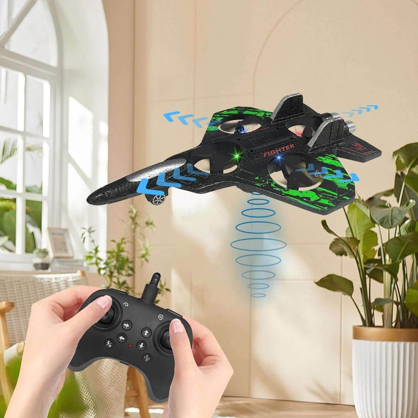 RC Airplane for Kids and Beginners, 2.4Ghz Form Drone Remote Control Airplane Outdoor Flying Toy, 360° Drop-Resistant Stunt Spin Remote Fighter Jet with Lights (Green)