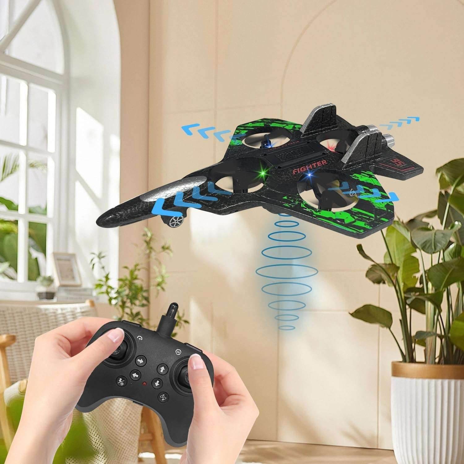 RC Airplane for Kids and Beginners, 2.4Ghz Form Drone Remote Control Airplane Outdoor Flying Toy, 360° Drop-Resistant Stunt Spin Remote Fighter Jet with Lights (Green)