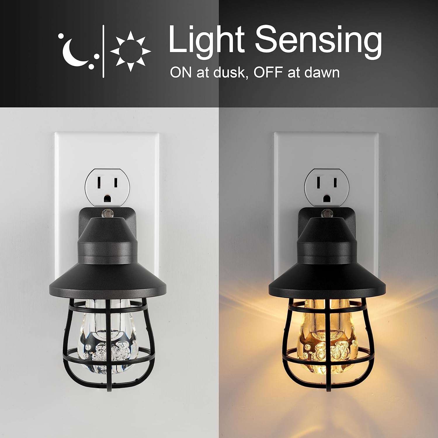 GE Vintage LED Night Light, Plug-In, Dusk to Dawn Sensor, Farmhouse Decor, Mood Lighting, Home Decor, Ambient Lighting, LED Lights for Bedroom, Bathroom, Kitchen, Hallway, 44737, Black, 2 Pack