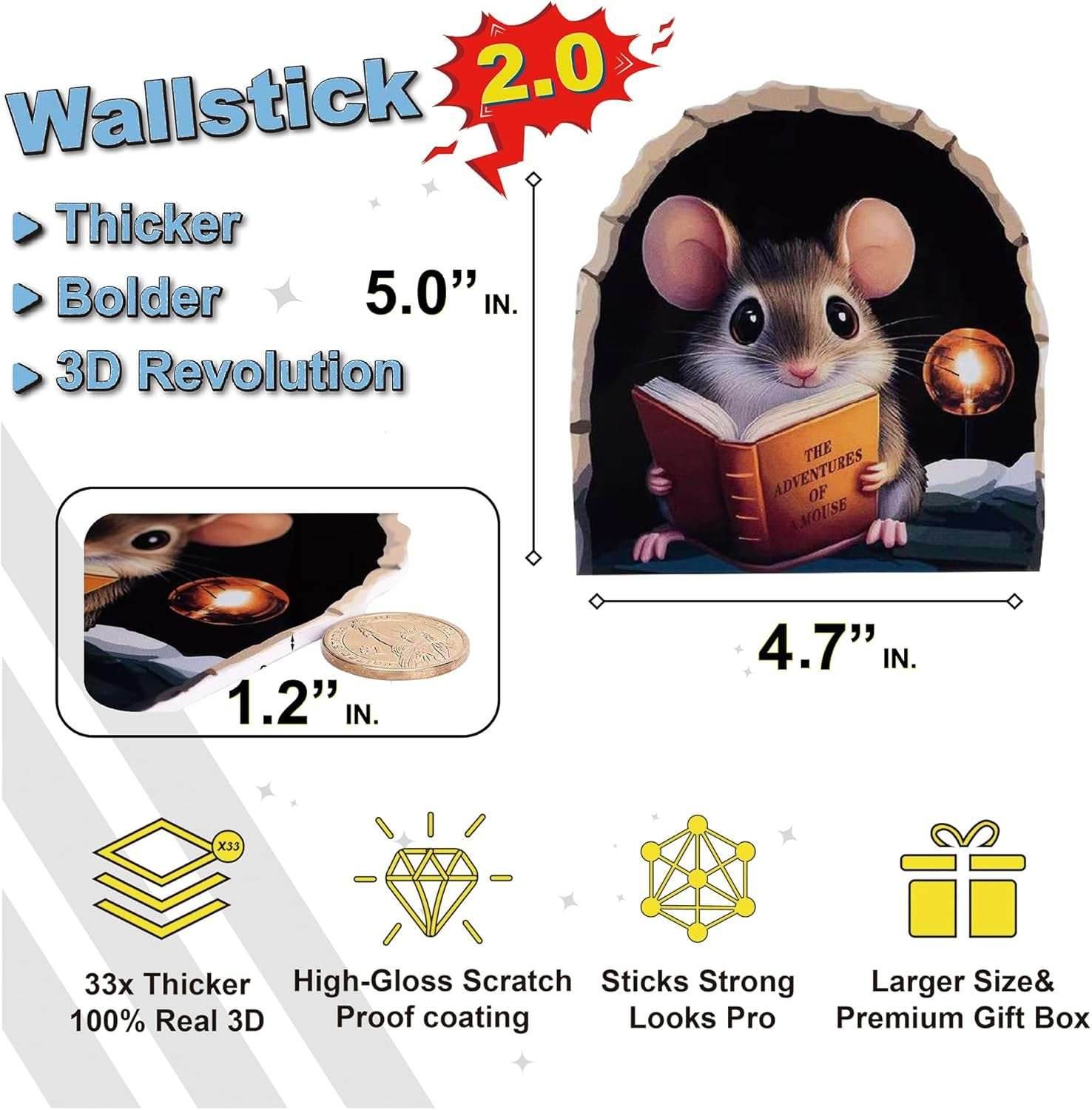 5PCS 3D Mouse Hole Wall Stickers Murals Art Peel and Stick Decals Whimsical Wallpaper Drywall Hole Covering Repair Patch Cute Wall Decor for Kids Room Playroom Kitchen Library Classroom Nursery