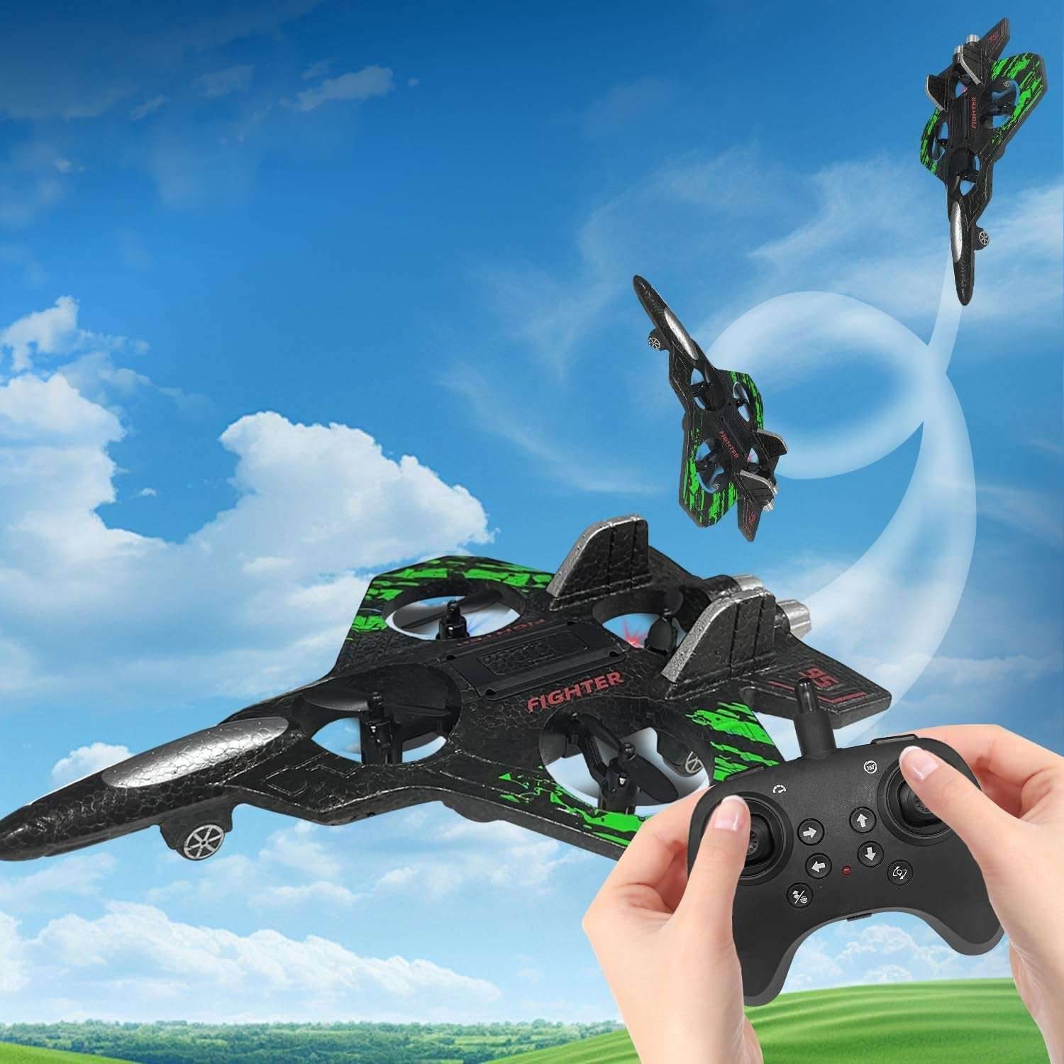 RC Airplane for Kids and Beginners, 2.4Ghz Form Drone Remote Control Airplane Outdoor Flying Toy, 360° Drop-Resistant Stunt Spin Remote Fighter Jet with Lights (Green)