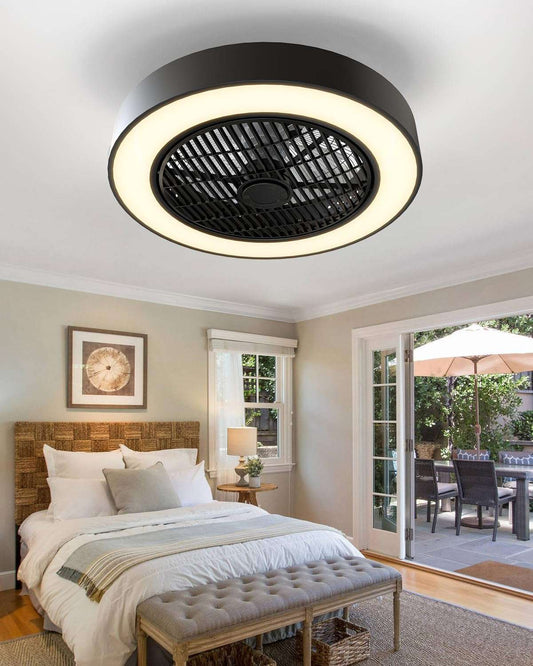 Enclosed Ceiling Fan with Lights, 20" Low Profile Fan Light LED Remote Control Dimming 6-Level Wind Speed, Flush Mount Ceiling Light with Fan Reversible Blades Hidden Ceiling Fan (Black) Black