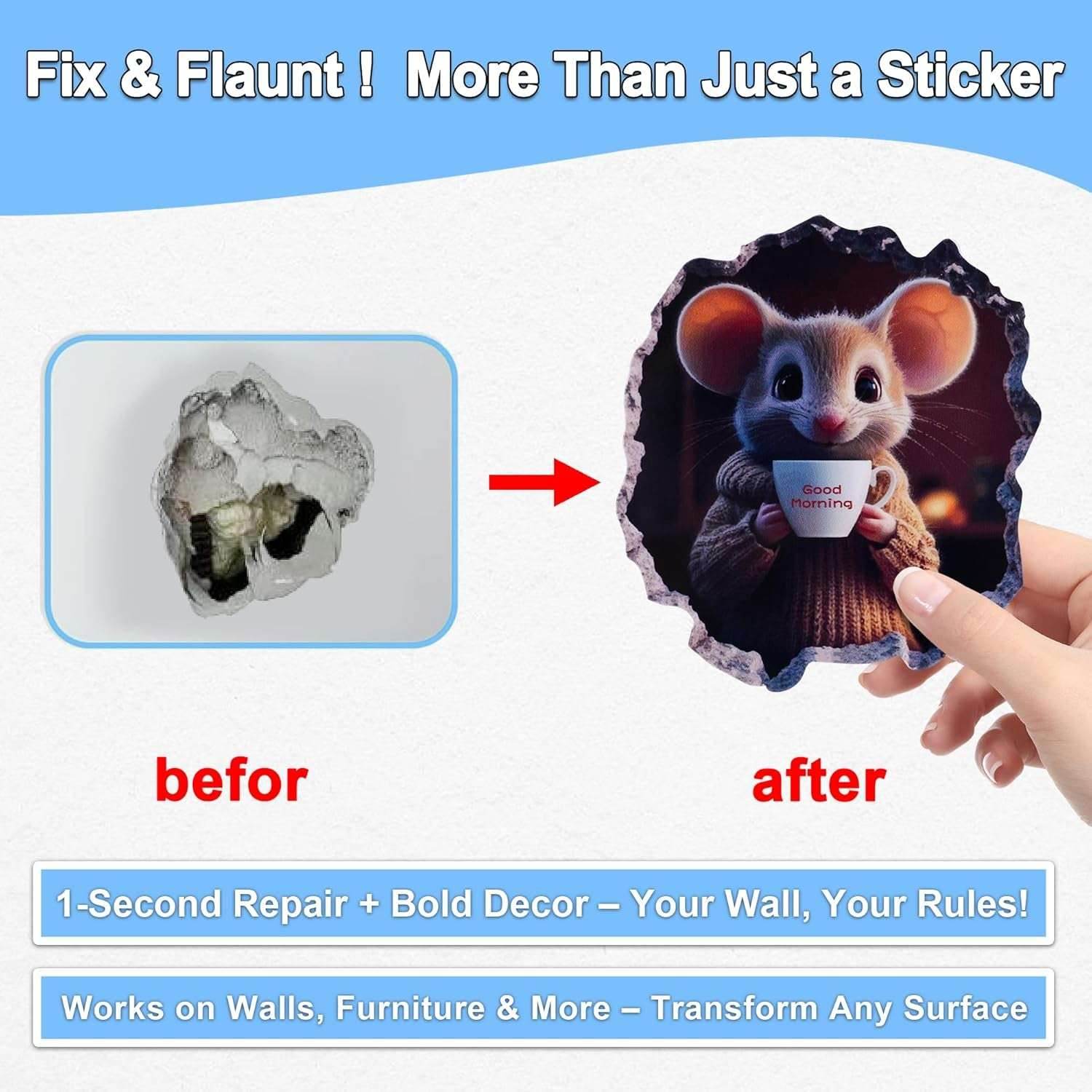 5PCS 3D Mouse Hole Wall Stickers Murals Art Peel and Stick Decals Whimsical Wallpaper Drywall Hole Covering Repair Patch Cute Wall Decor for Kids Room Playroom Kitchen Library Classroom Nursery